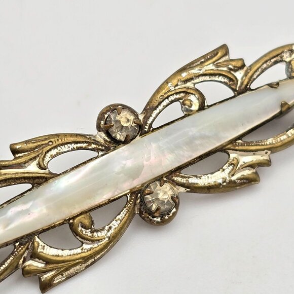 Antique Mother of Pearl Bar Brooch 2.5" Mixed Tone Metal & Paste Stones - Picture 2 of 6